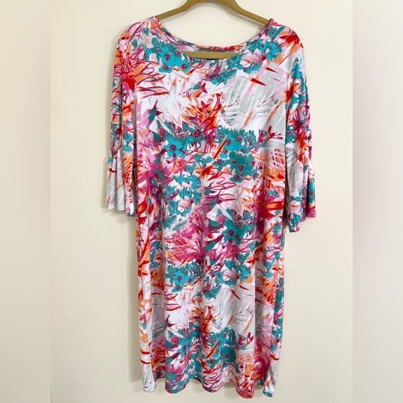 ALEXANDRA+OAK NWT Pink Coral Combo Printed Shift Dress 3/4 Gentle Bell Sleeve XL - Picture 1 of 11